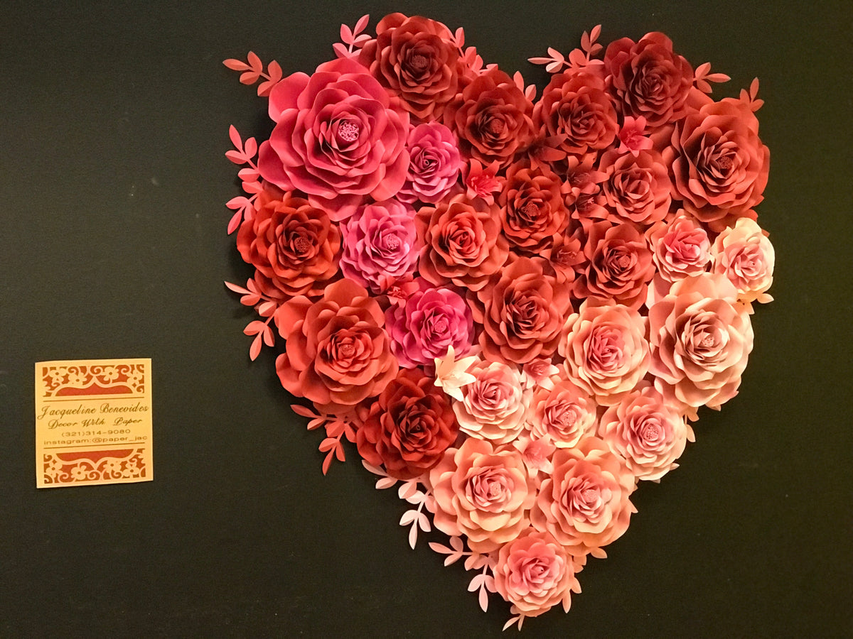 Paper flower heart in red, pink and coral, 2.5 meters (8 ft) in diameter