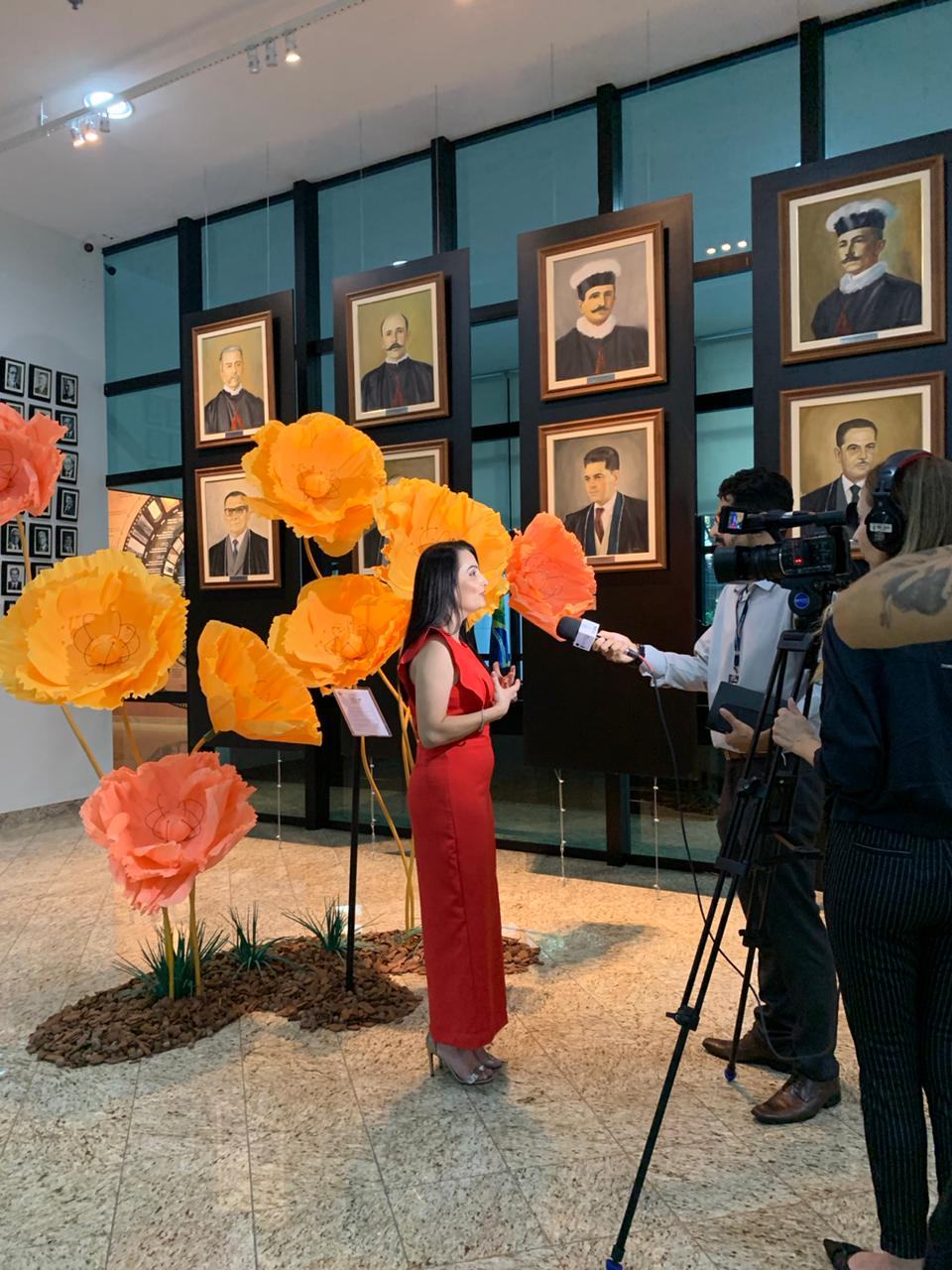 Interview devant les fleurs géantes en organza au Tribunal de justice du Paraná