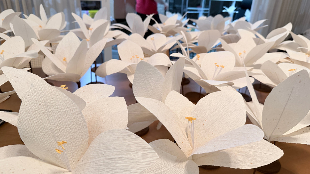 Lys géants en papier crépon italien ton ivoire réalisés pour O Boticário Lily