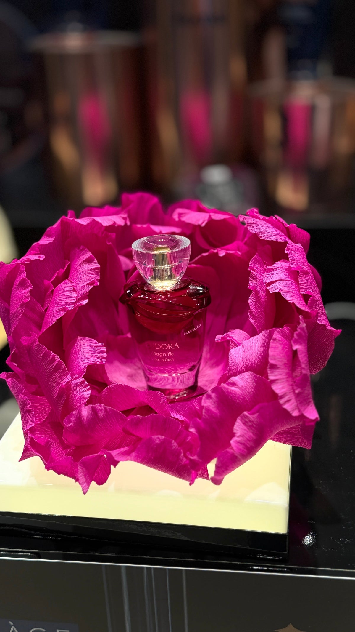 Magenta Italian crepe paper peony with Eudora Pink Peônia perfume in the center