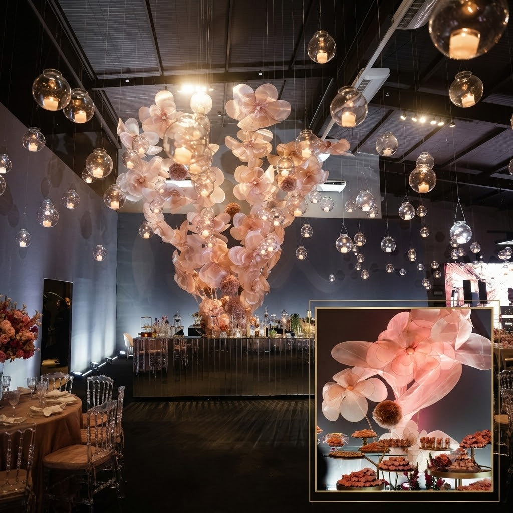 20-foot (6-meter) rosé organza floral archway at the party bar