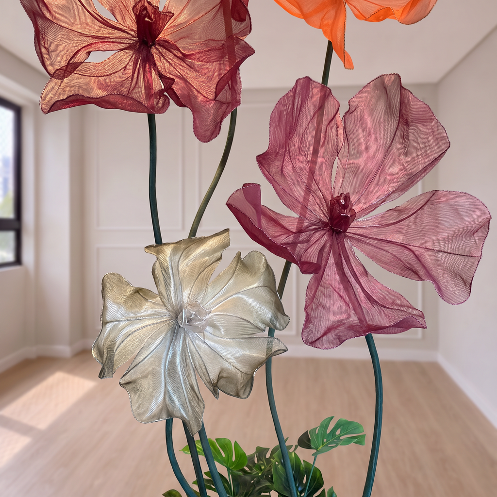 Arranjo de flores gigantes de organza com folhagem, detalhe das flores