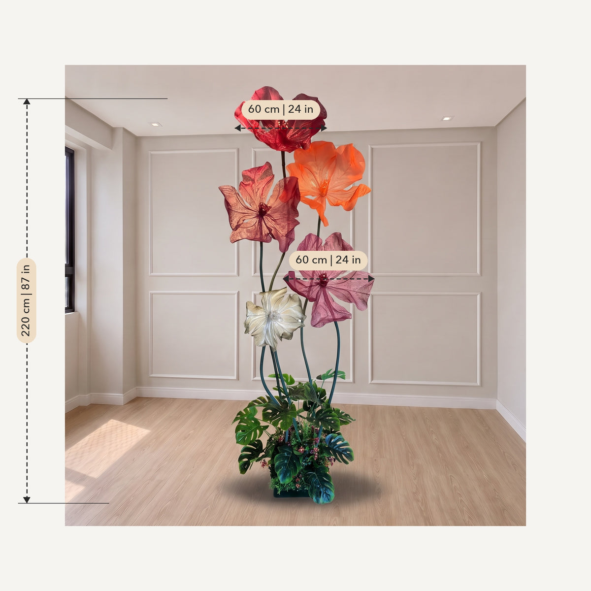 Medidas: Arranjo de flores gigantes de organza com folhagem