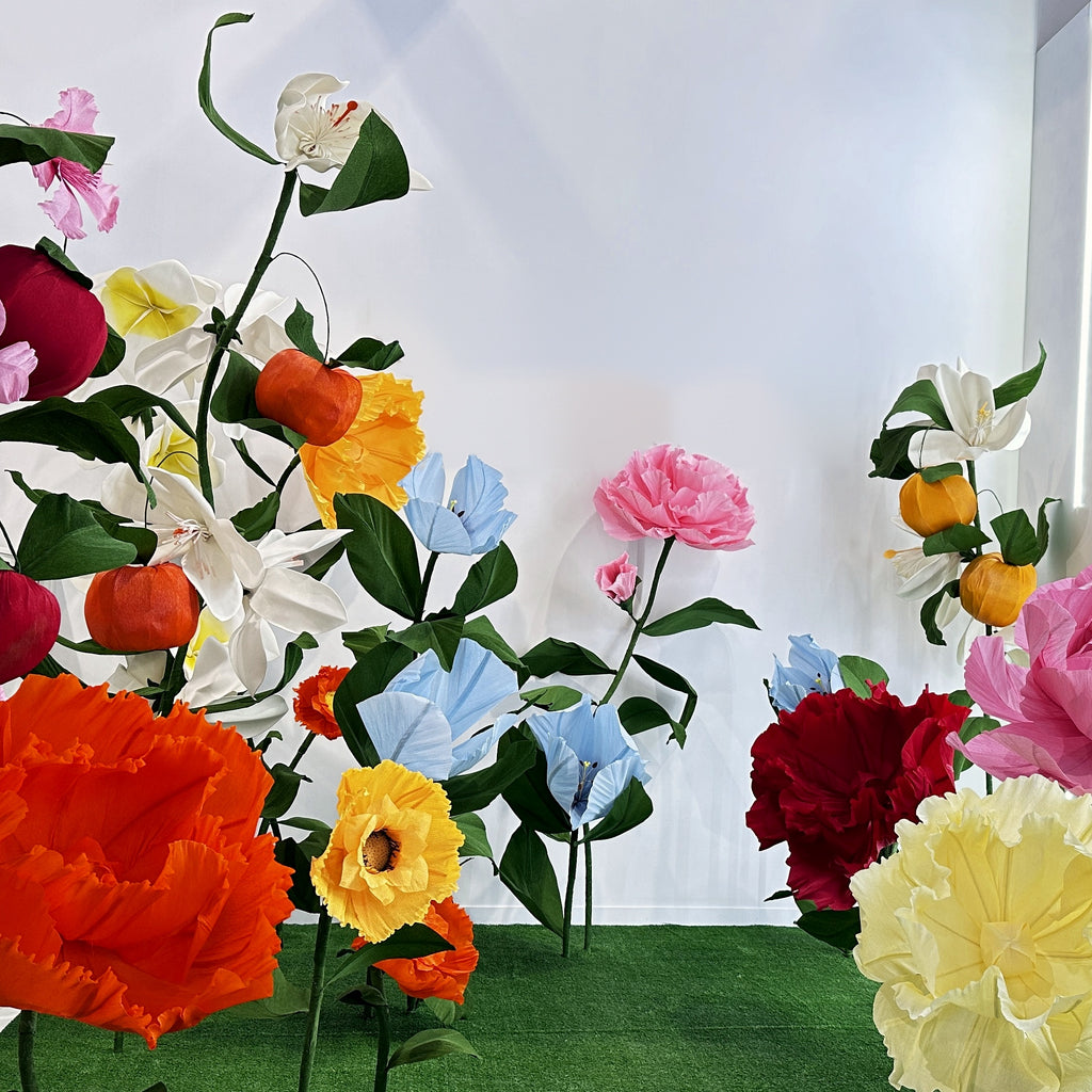 Giant Italian crepe paper flower backdrop, front view