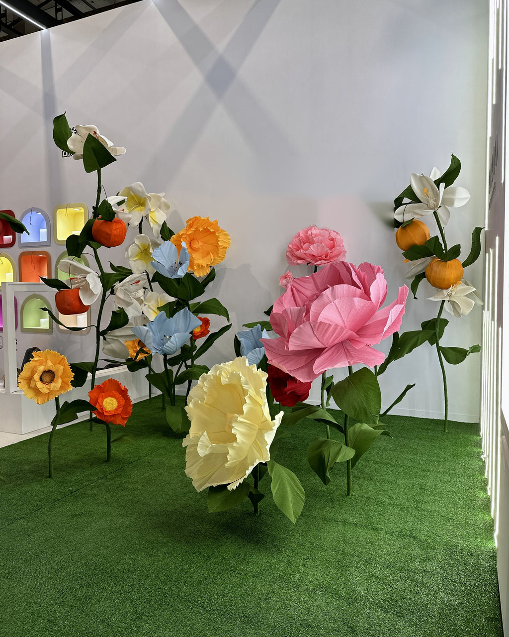 Giant Italian crepe paper flower backdrop, side view