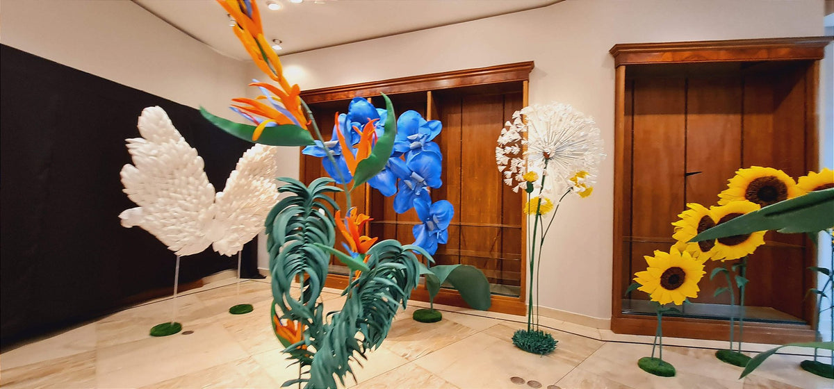 Overview of the floral display set at the storefront
