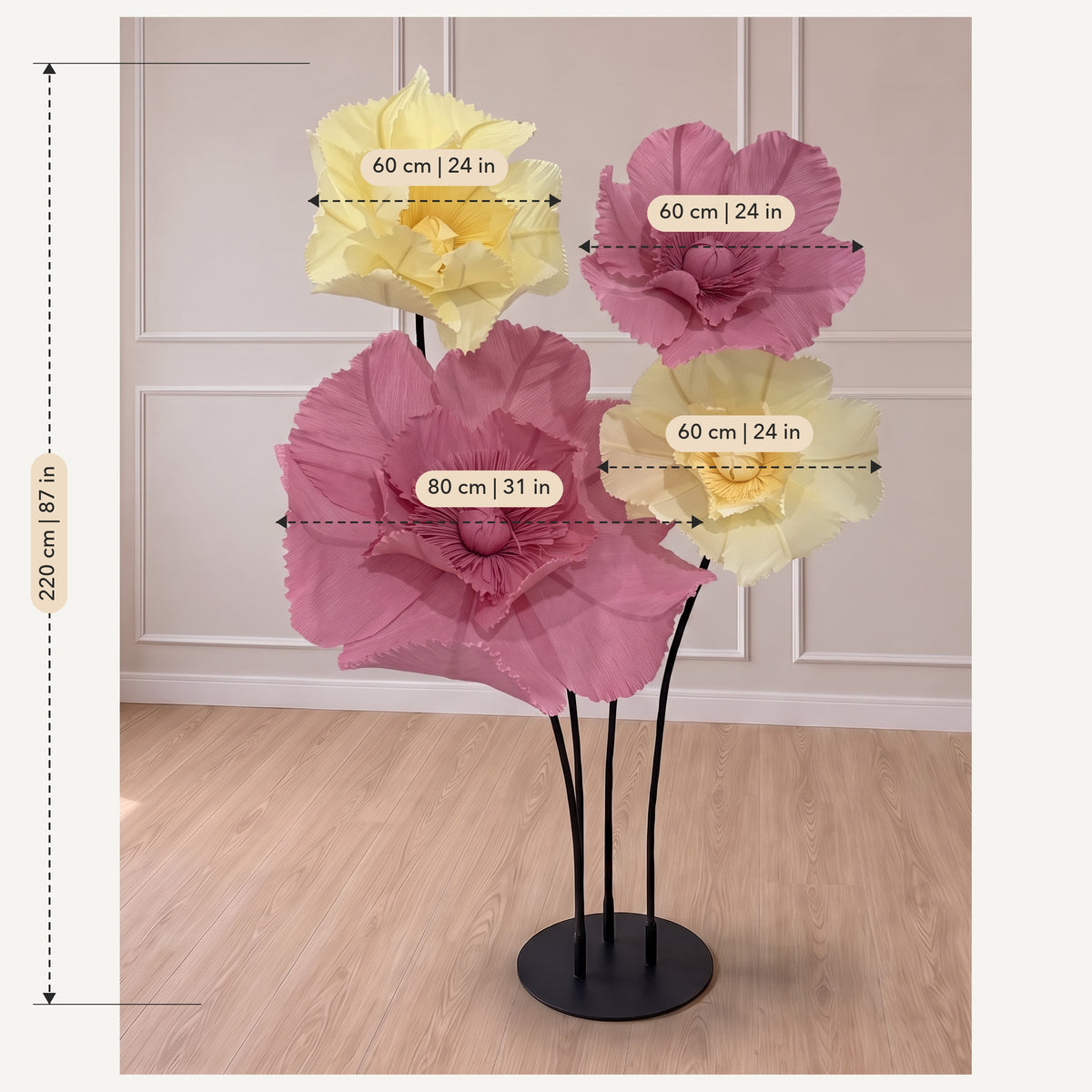 Medidas: Papoulas gigantes de papel crepom rosa e amarelo