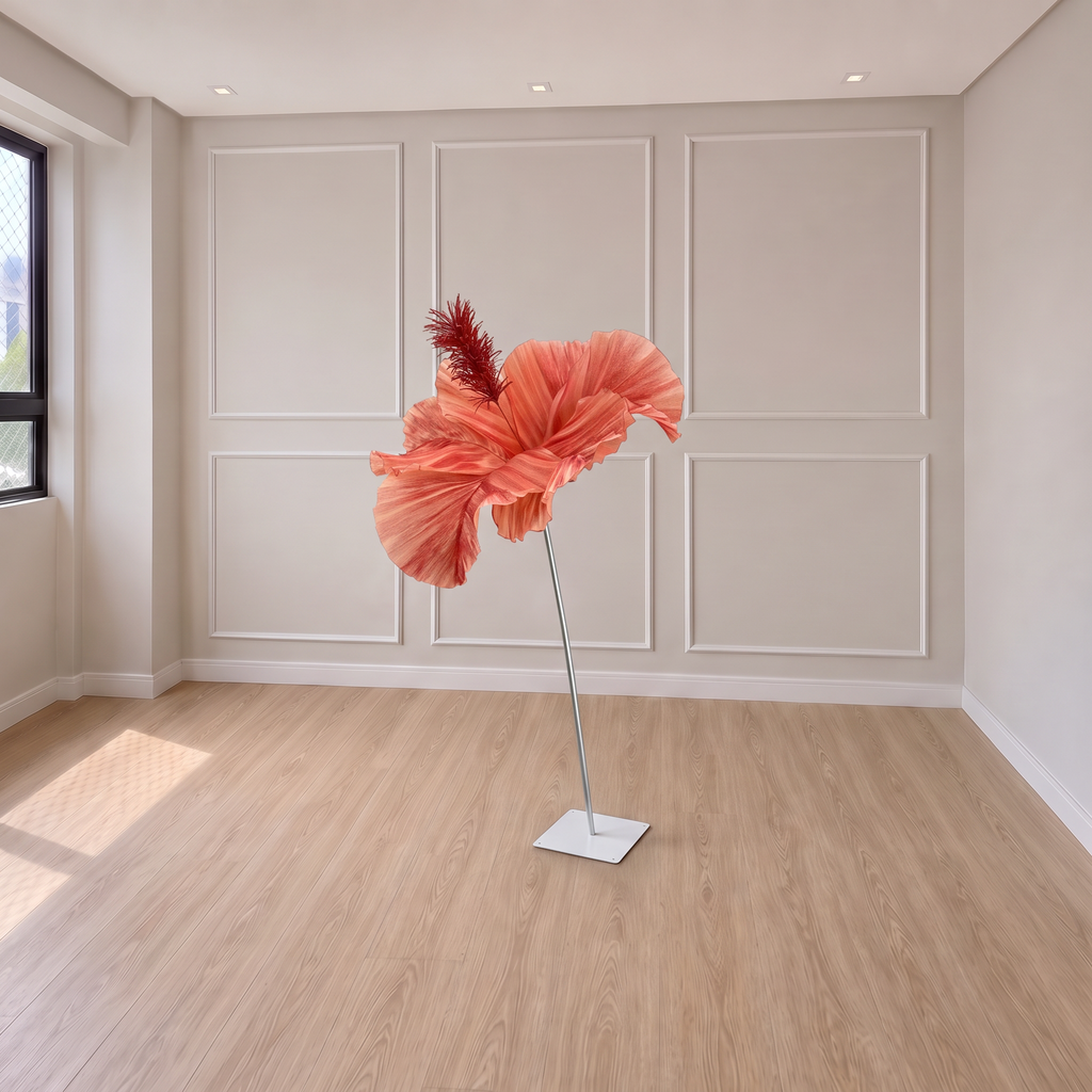 Giant red paper hibiscus, in an interior