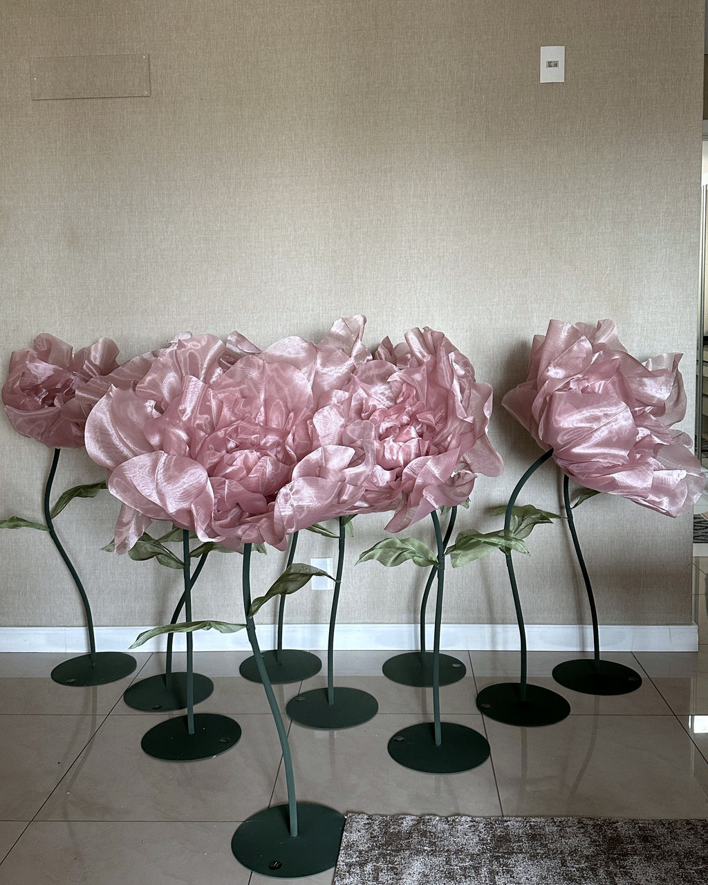 Set of giant pink organza flowers on stands