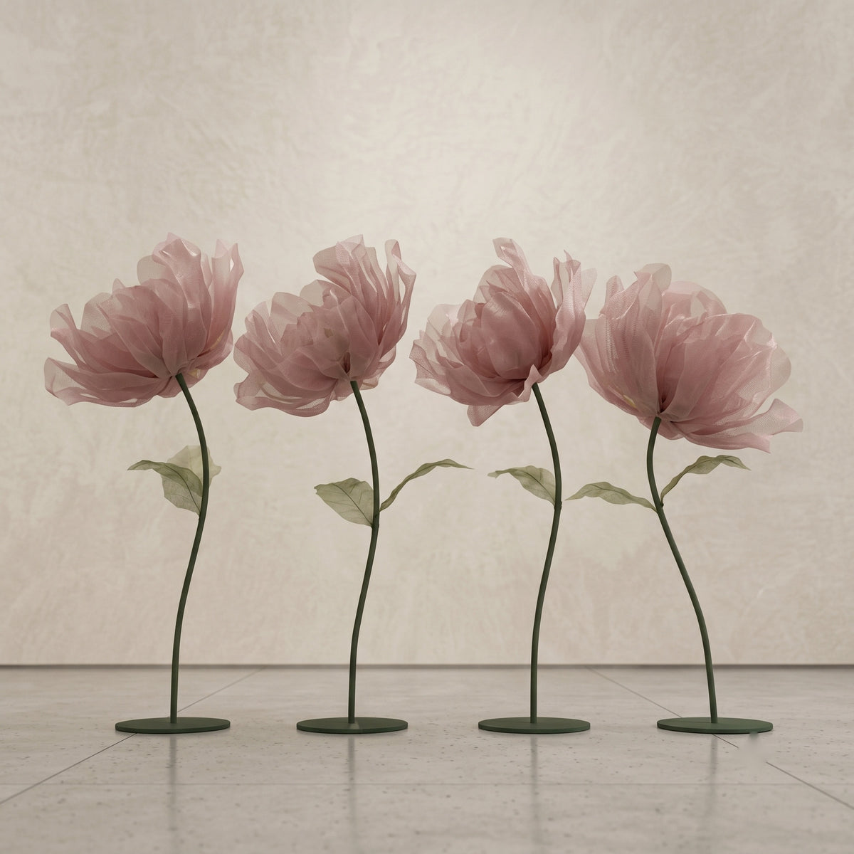 Fileira de pedestais com flores de organza grandes rosa