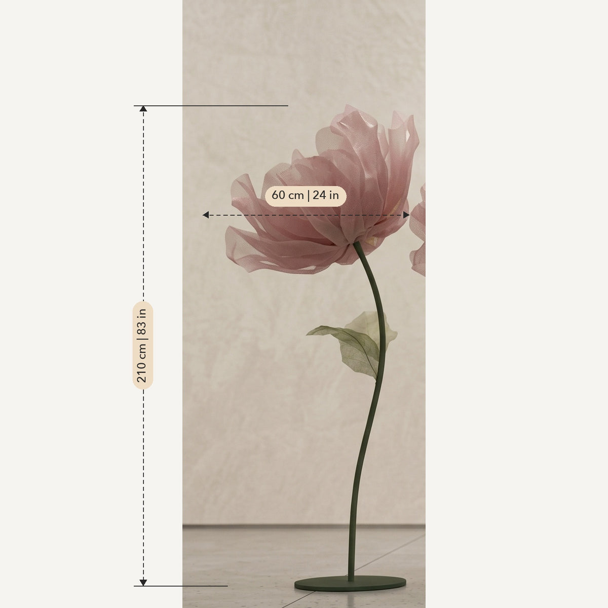 Measurements of the large organza flower on a stand: height and flower diameter