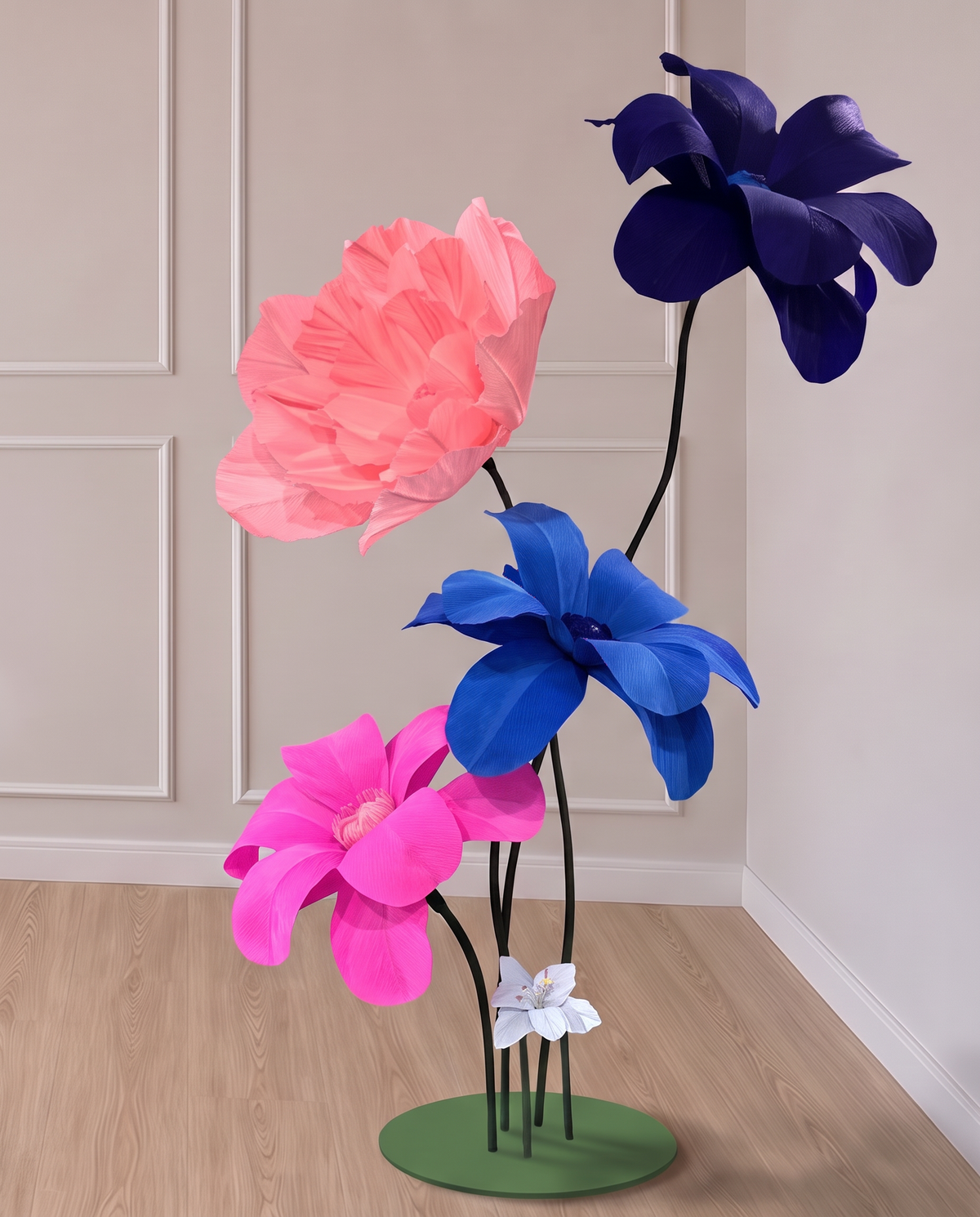 Pedestais de flores gigantes de crepom italiano azul e rosa, lado direito