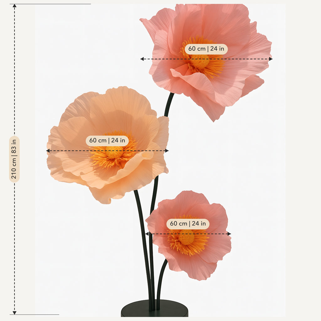 Dimensions : Fleurs géantes en papier crépon rosé à étamines