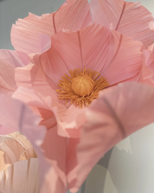Flores gigantes de papel crepom rosê com estames, detalhe do miolo