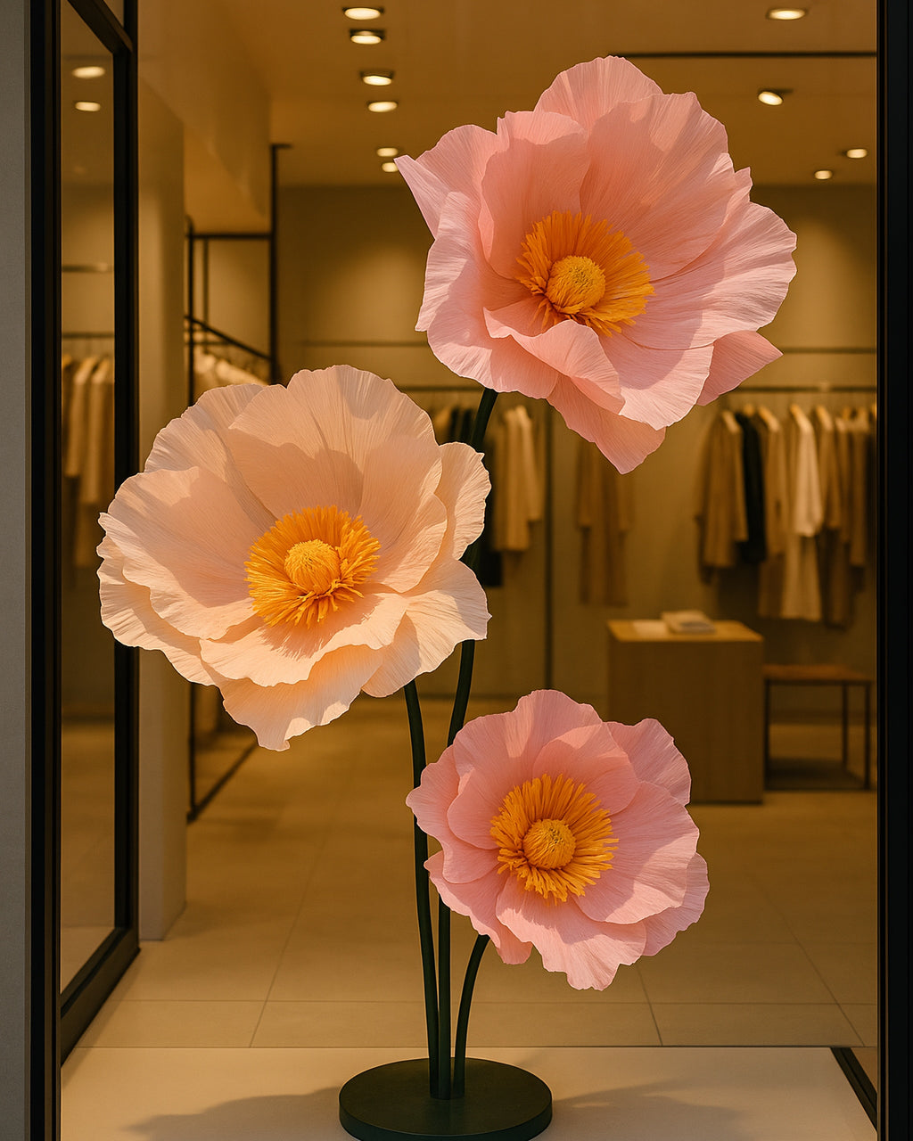 Fleurs géantes en papier crépon rosé à étamines, en vitrine