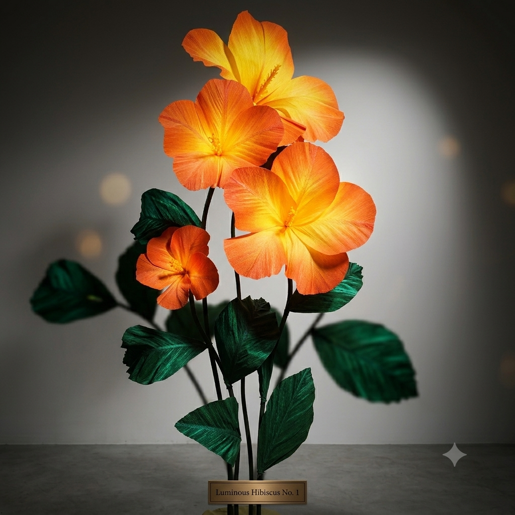 Giant hibiscus in Italian crepe paper on a pedestal - customizable floral sculpture