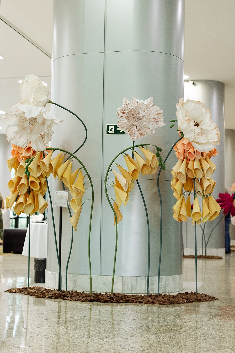 Giant organza flowers in pink and peach tones - Garden of Justice at TJPR
