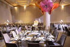 Suspended garden with 45 giant EVA foam flowers on the main hall ceiling - royal wedding in Riyadh
