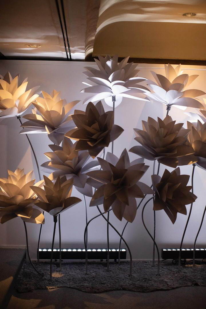 Textured panel of Italian crepe paper flowers in the groom's family's Royal Room
