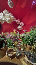 Overview of the hall decorated with giant EVA foam flowers and a terracotta wall