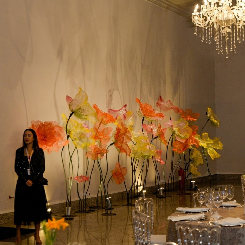 Giant organza floral installation at Chefs' Night - overview of the gala event