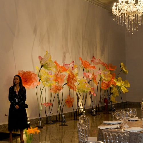 Giant organza floral installation at Chefs' Night - overview of the gala event