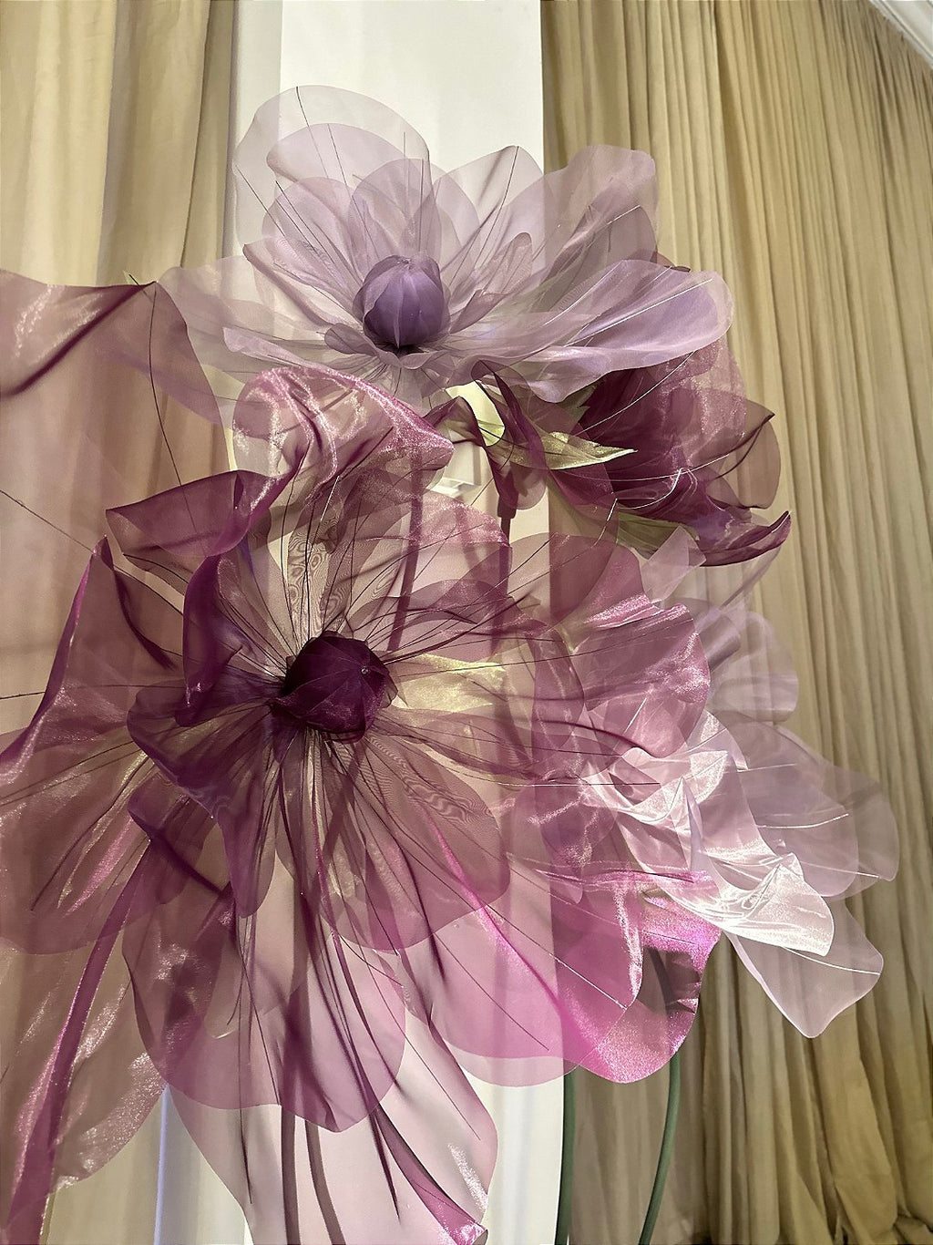 Pink and silver giant organza flower - handcrafted detail