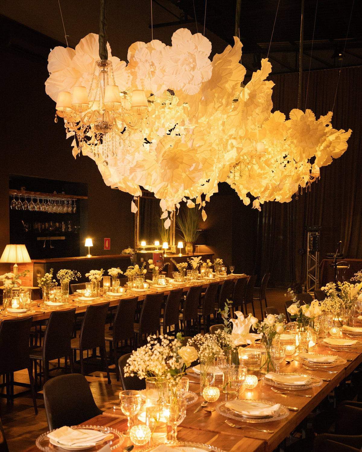 Giant Italian crepe paper flower chandelier, in wedding decor