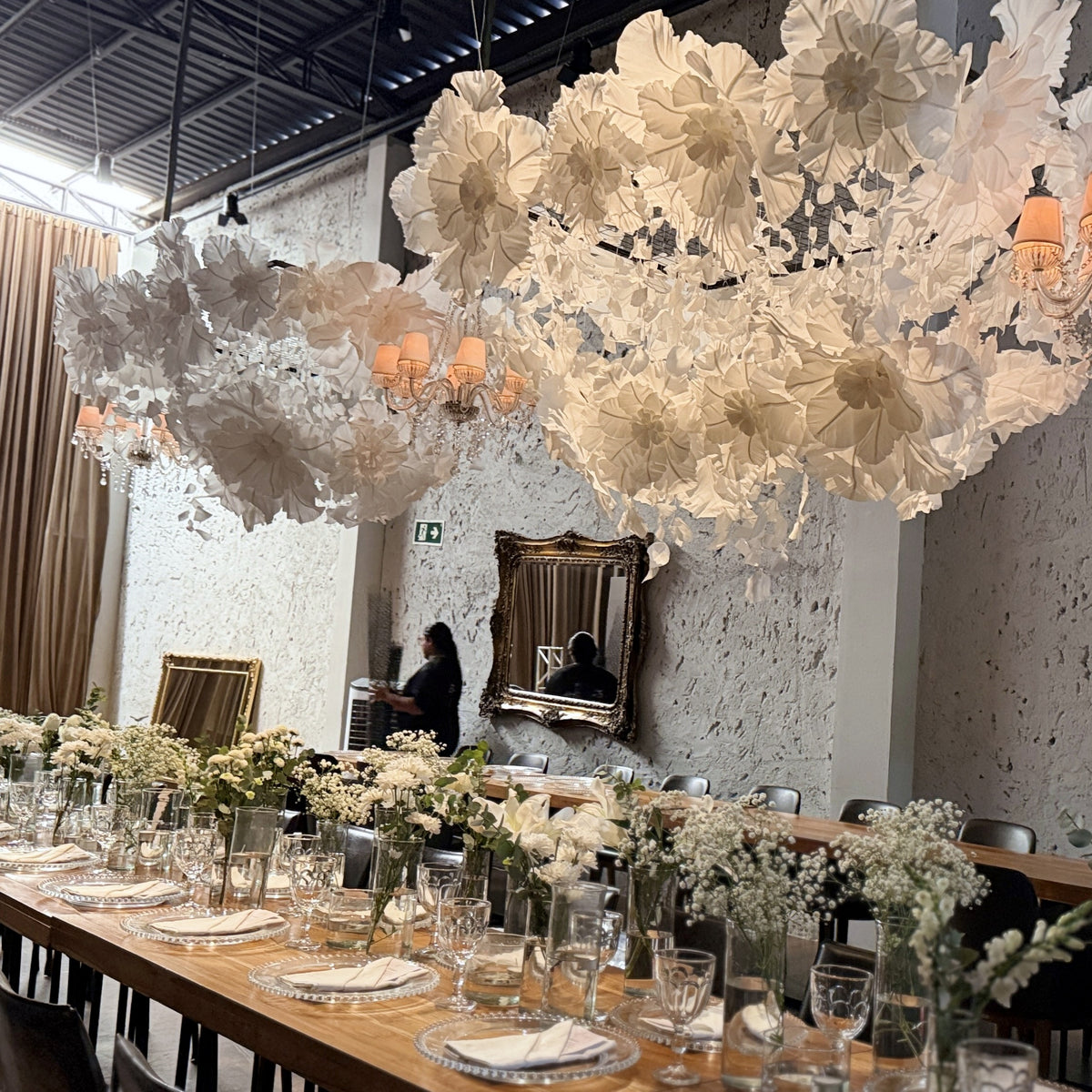Giant Italian crepe paper flower chandelier, on the table