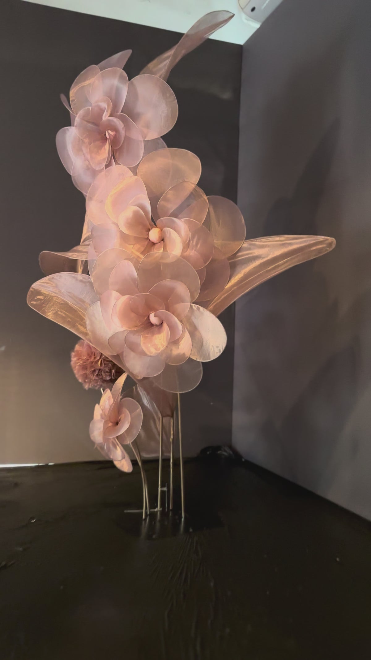 Vídeo: Escultura de flores gigantes de organza rosê