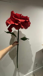 Front view of the storefront decorated with the giant red rose